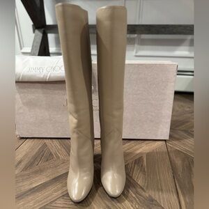 Jimmy Choo Rydea Cream Heeled Boots with Gold Accents